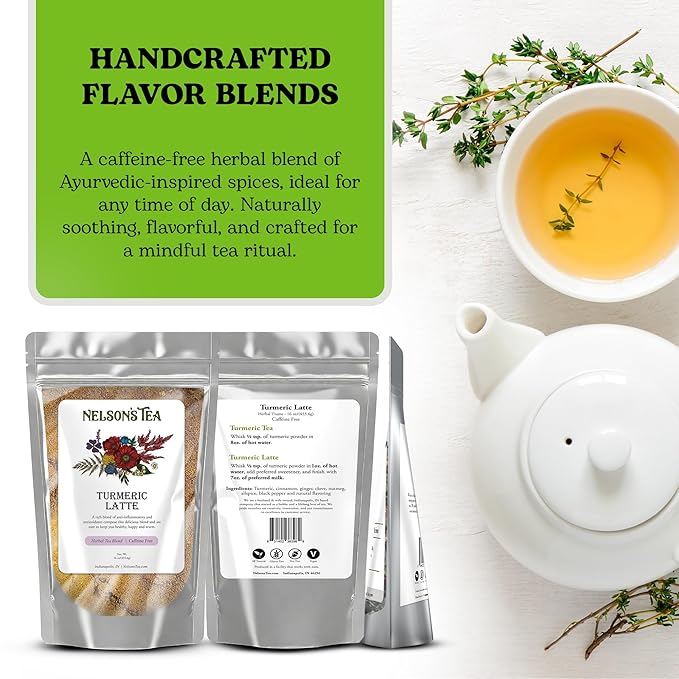 Nelson's Tea - Caffeine Free Turmeric Tea Latte - Mix of Turmeric Cinnamon Ginger Clove Nutmeg and Black Pepper 16 oz