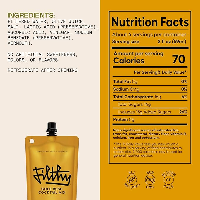 Filthy Gold Rush All Natural Cocktail Mixer - Made With Fresh Lemon Juice &amp American Honey - Balanced Sweet &amp Sour Cocktail Mix for Whiskey Gin and Non-Alcoholic Mocktails - 8 oz Pouch 6 Pac