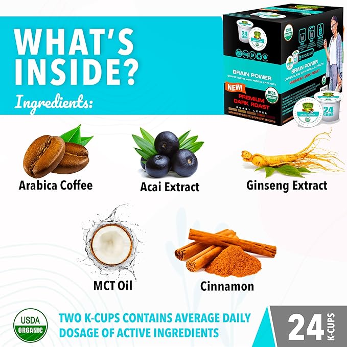 SOLLO Brain Power Dark Coffee Pods MCT &amp Essential nutrition Nootropic Brain Booster For Memory &amp Focus Compatible with 2.0 K-Cup Keurig Brewers 24 Count