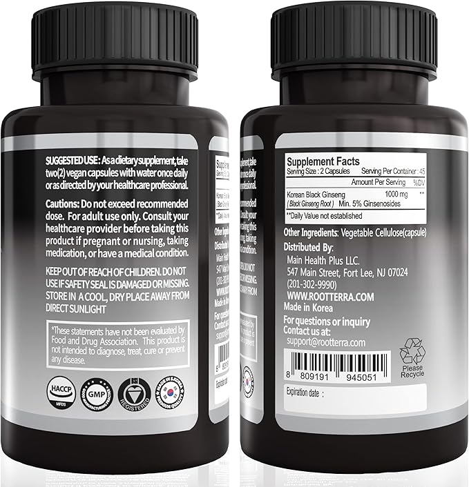 GeumHeuk Korean Black Ginseng Capsule 1000mg Supplement - Non GMO High Ginsenosides High Absorption Rate Enhance Immunity Metal Performance Stamina &amp Energy Men &amp Women - 90 Vegan Capsul