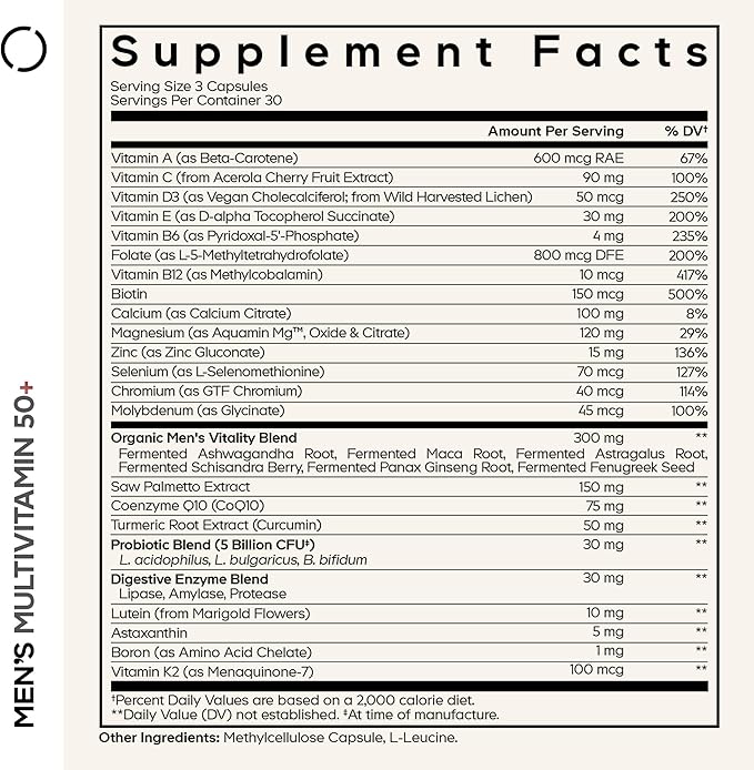 Codeage Men's Multivitamin 50+ Supplement - Essential Vitamins for Men Over 50 Years Old Minerals CoQ10 Turmeric Saw Palmetto Maca Panax Ginseng Probiotics &amp Botanicals - Non-GMO - 90 Capsu