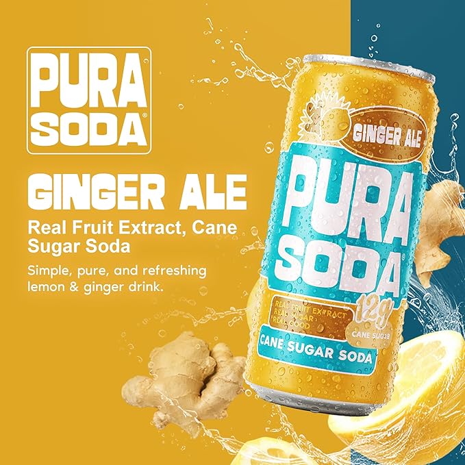PuraSoda® Ginger Ale - 65 Calories &amp 12g Pure Cane Sugar per Can - Made with Pure Cane Sugar No Stevia or Artificial Blends - Non-GMO Vegan Clean &amp Refreshing Ginger Soft Drink - 10 fl oz C