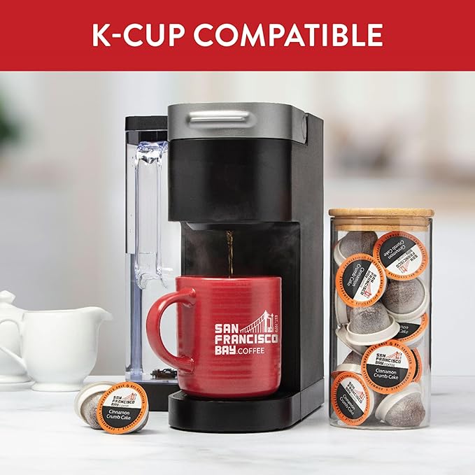 San Francisco Bay Coffee - Flavored Medium Roast - Cinnamon Crumb Cake (80 Ct) - Single Serve Coffee Pods Commercially Compostable K Cup Compatible