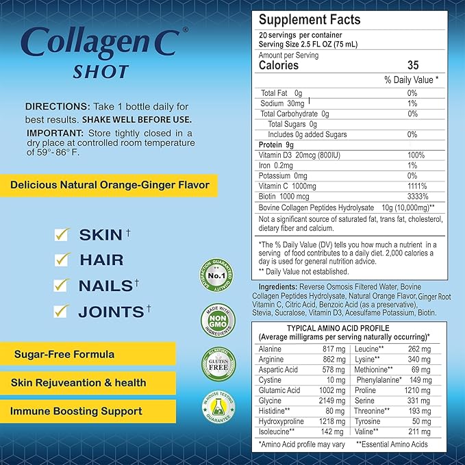 CollagenC - Skin Glow Shot 20 Pack - Collagen 10g Vitamin c 1000mg Biotin 1000mcg Vitamin D 800 IU - Natural Orange-Ginger Flavor 2.0oz Bottle - 80 Pack