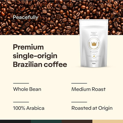 4-Pack Specialty Whole Bean Coffee Peacefully – Arabica Roasted on the Farm – Freshness and Authentic Flavor Notes of Chocolate Vanilla and Nuts – Carefully Harvested – Brazilian Coffee King