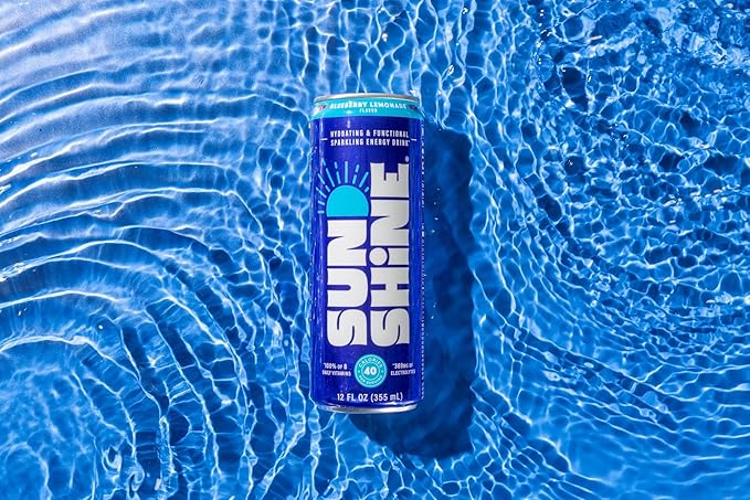 Sunshine Sparkling Energy Drink Blueberry Lemonade with Daily Essential Vitamins 360mg of Electrolytes 70mg of Natural Caffeine 12 Fl Oz (Pack of 12)