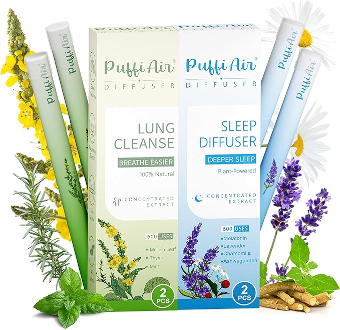 Herbal Diffuser Duo Lung Cleanse and Sleep Diffuser with Extracts of Mullein and Melatonin 100% Natural Swap Day &amp Night Duo 4 Sticks 600 Uses Each=