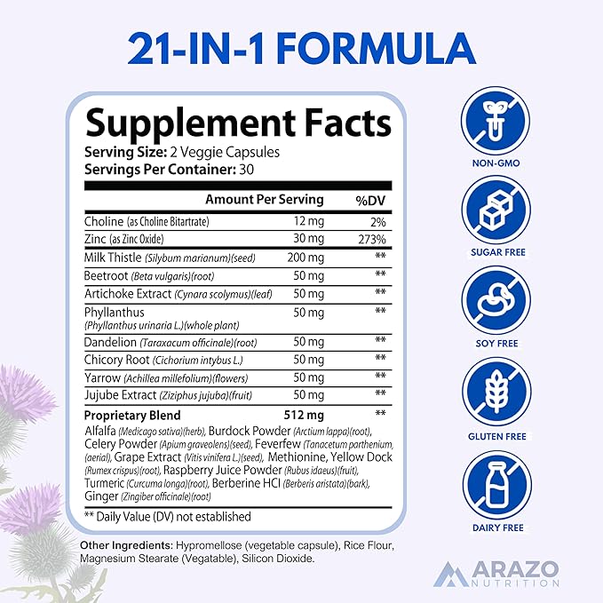 Arazo Nutrition Liver Cleanse Detox &amp Repair Formula – Milk Thistle Herbal Support Supplement: Silymarin Beet Artichoke Dandelion Chicory Root (Pack of 2)