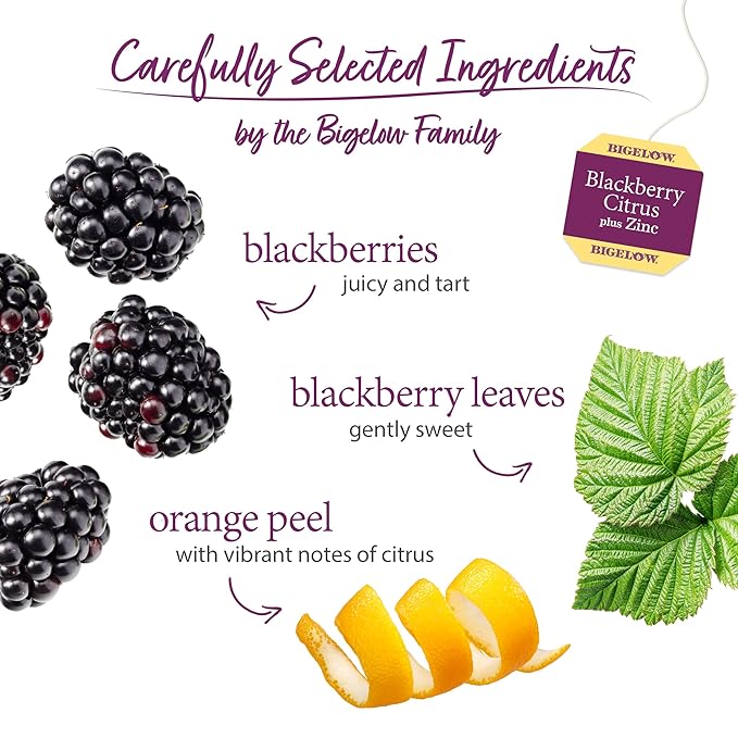 Bigelow Tea Blackberry Citrus Plus Zinc Herbal Tea Caffeine Free Tea with Blackberry 18 Count Box (Pack of 6) 108 Total Tea Bags