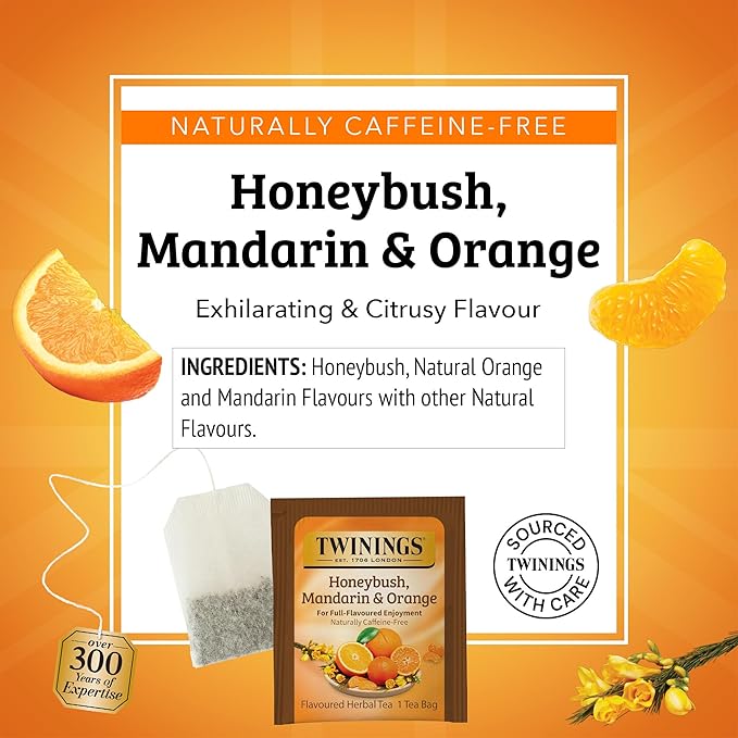 Twinings Honeybush Mandarin &amp Orange Herbal Tea Individually Wrapped Bags 20 Count (Pack of 6) Naturally Caffeine-Free Enjoy Hot or Iced 120 Teabags