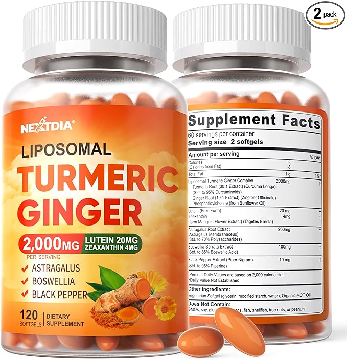 Liposomal Turmeric Ginger Curcumin Complex Supplement Pills 2000mg Organic Turmeric Root with Black Pepper Lutein and Zeaxanthin Supplements Liquid Softgels 95% Curcuminoids Non-GMO 240ct