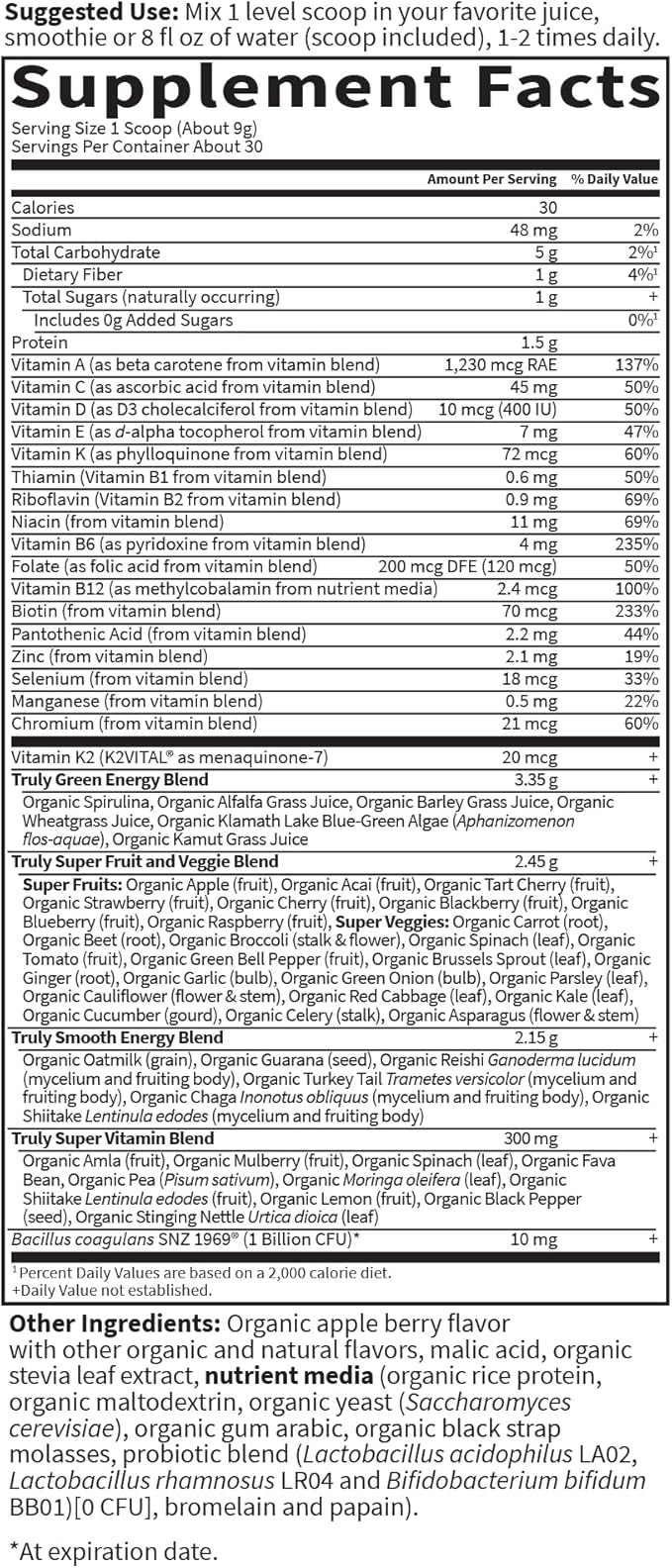 Garden of Life Sport Nutrition Greens and Superfoods Powder for Women and Men - Apple Berry Organic Blend - Spirulina Fruit Vitamins Pre &amp Probiotics Mushrooms Athletic Supplements 30 Servi