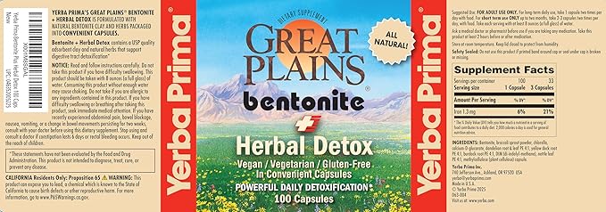 Yerba Prima Bentonite Clay Plus Herbal Detox 100 Veg Capsules - Food Grade Clay from The Great Plains USA - Colon &amp Liver Cleanse Supplement with Calcium Clay