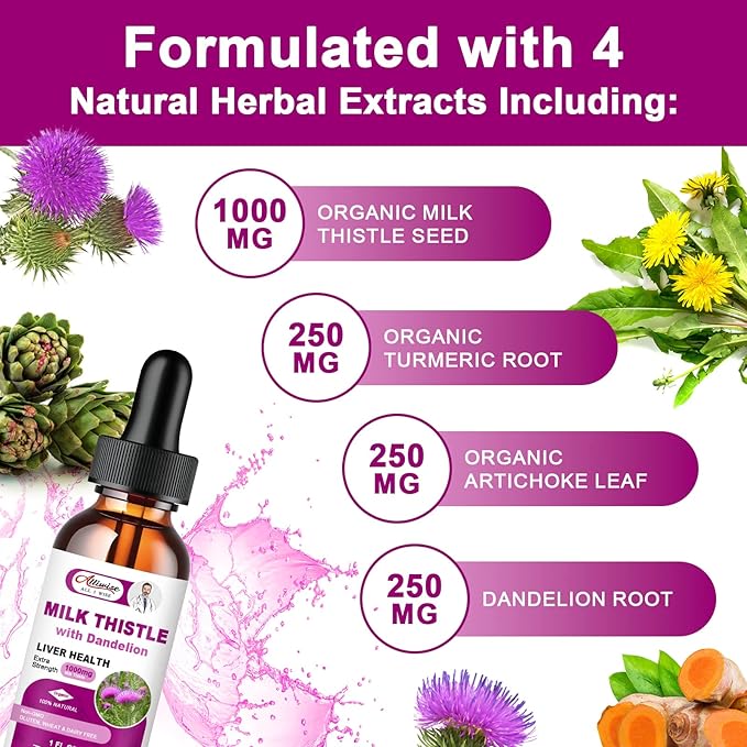 Liver Health Support Liquid 1000mg Milk Thistle 80% Silymarin Extract &amp 250mg Dandelion Root Extract Liver Cleanse Detox &amp Repair Fatty Liver Formula Vegan Non-GMO and All-Natural