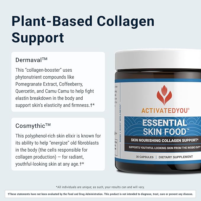 ACTIVATEDYOU Essential Skin Food Advanced Skincare Collagen Elastin Support Supplement for Aging Skin Helps Improve Appearance of Face Texture Sagging w/Dermaval Vitamin C Lysine (30 Capsules)