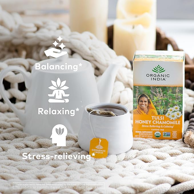 Organic India Tulsi Honey Chamomile Herbal Tea - Holy Basil Stress Relieving &amp Calming Immune Support Adaptogen Vegan USDA Certified Organic Caffeine-Free - 18 Infusion Bags 6 Pack