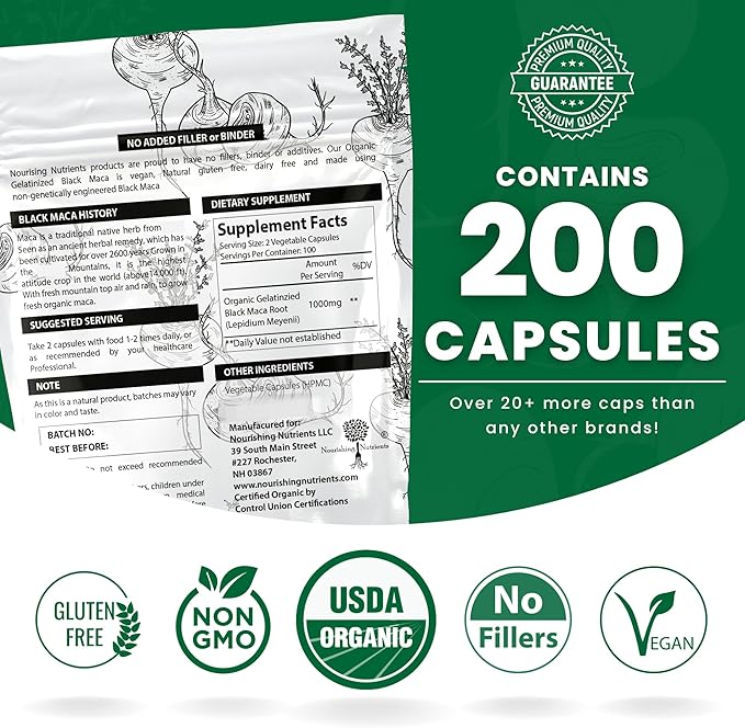 Organic Gelatinized Black Maca – 3X Stronger 200 Capsules for Men &amp Women Natural Energy Supplement for Focus Performance Stamina &amp Endurance Mood Enhancement and Stability Mental Clarity