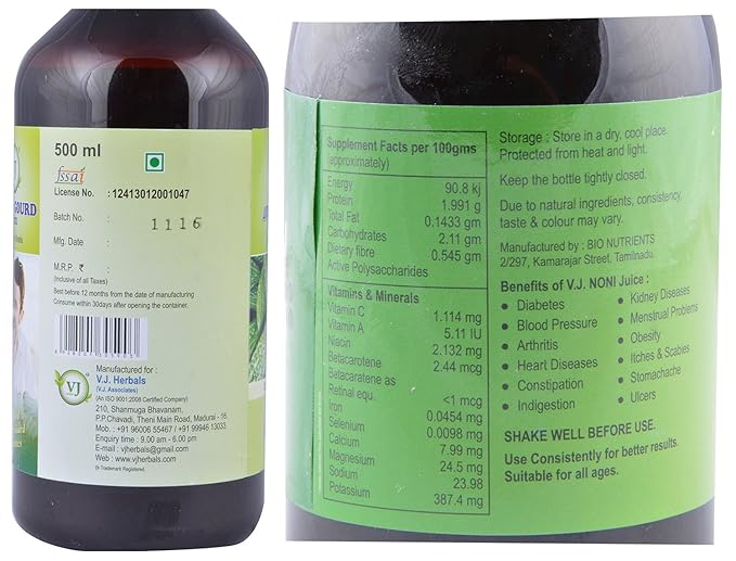 V.J.Herbals Bitter Gourd Juice + Noni Elixir For All- 500Ml + 300Ml