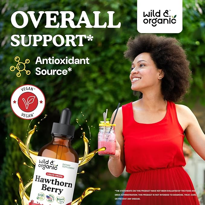 Wild &amp Organic Hawthorn Berry Tincture 600 mg - Liquid Hawthorne Berry Supplement for Overall Support - Vegan Sugar &amp Alcohol-Free Fruit Extract Drops - 4 fl oz