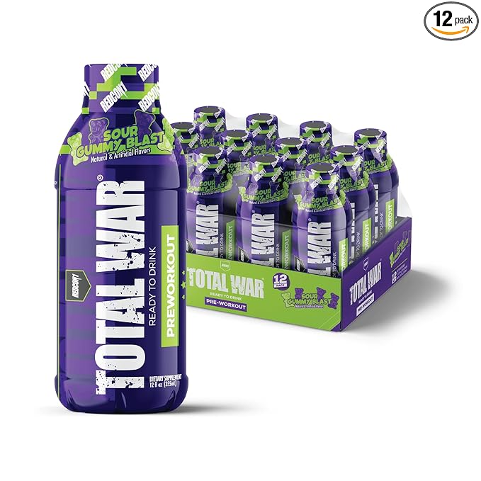 REDCON1 Total War Ready to Drink Preworkout Sour Gummy Bear - 350mg of Fast Acting RTD Caffeine - Beta Alanine + Citrulline Malate for Increased Pump - Keto Friendly Workout Drink (12 Servings)