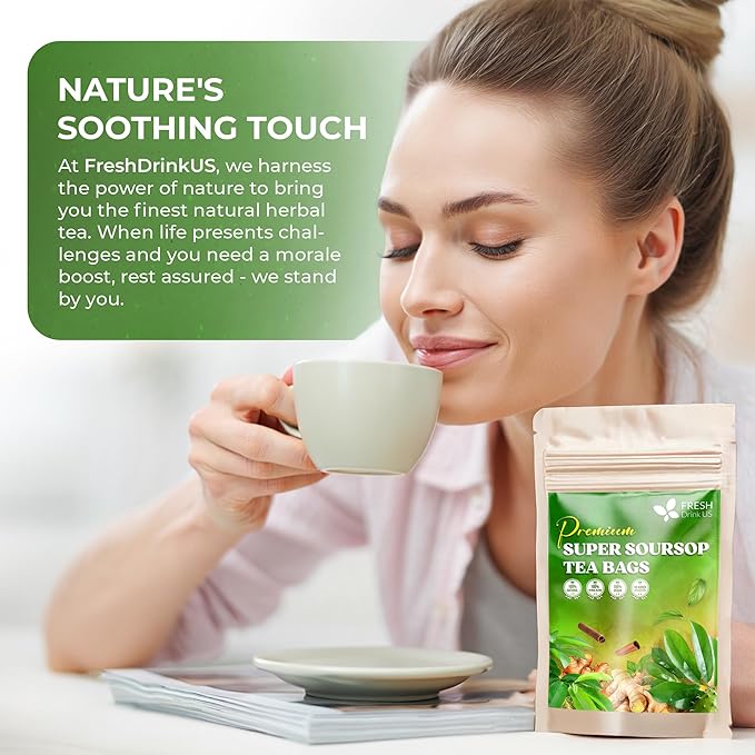 FreshDrinkUS Super Soursop Herbal Tea – 60 Tea Bags | Soursop Ginger Turmeric Lemongrass Cinnamon Black Pepper &amp Peppermint | Caffeine-Free Natural Flavor Plant-Based Blend | Sugar-Free