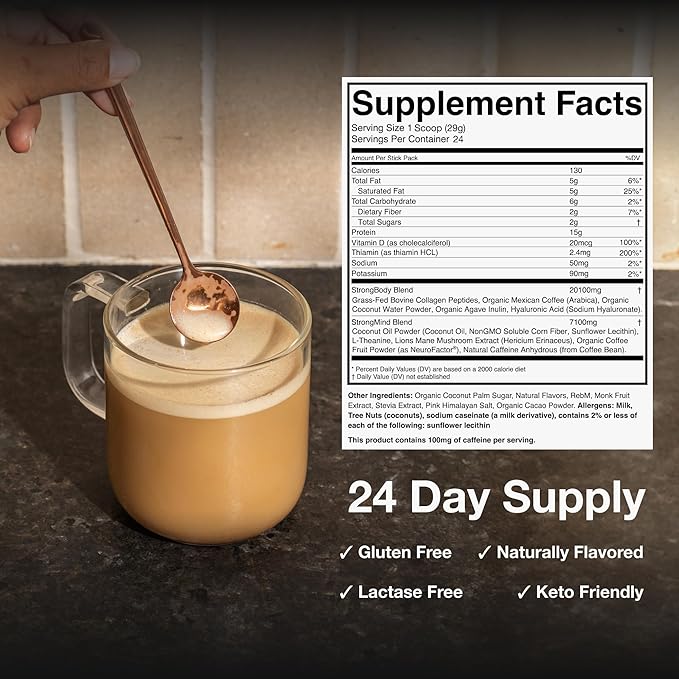 Strong Coffee Co. Vanilla Instant Latte | Organic Coffee with 15g Collagen Protein | Lion’s Mane &amp L-Theanine | Nootropic Instant Coffee | 12 Serving