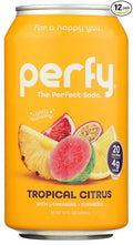 PERFY Soda Superfood Nootropic Soft Drink | Low Sugar Low Carb Gluten Free Caffeine Free Keto Soda | All Natural Soft Drink Made With Real Fruit Juice L-theanine &amp turmeric | 12 Pack (Tropica