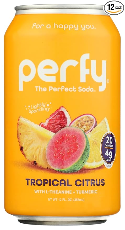 PERFY Soda Superfood Nootropic Soft Drink | Low Sugar Low Carb Gluten Free Caffeine Free Keto Soda | All Natural Soft Drink Made With Real Fruit Juice L-theanine &amp turmeric | 12 Pack (Tropica