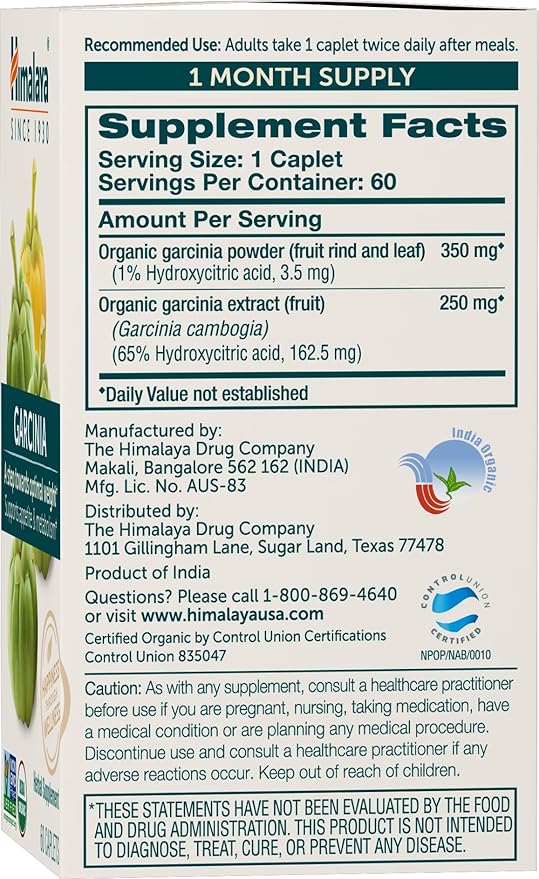 Himalaya Organic Garcinia Cambogia Herbal Supplement Appetite Support Lipid Metabolism Weight Support USDA Organic Non-GMO Vegan 600 mg 60 Plant-Based Caplets 2 Pack