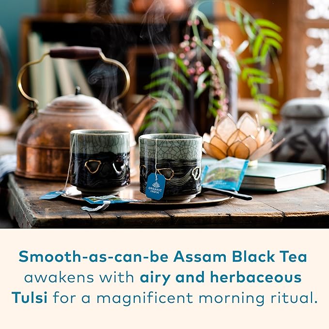 ORGANIC INDIA Tulsi Breakfast Herbal Tea - Black Tea Holy Basil Relieve Stress &amp Energize USDA Organic Non-GMO Caffeinated - 18 Bags 3 Pack