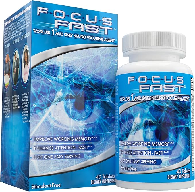 Focus Fast Brain Supplement - Improve Working Memory Enhance Focus Boost Cognition in as Little as 1 Hour. Caffeine/Stimulant Free Nootropic. 40 Tablets (20 Servings)