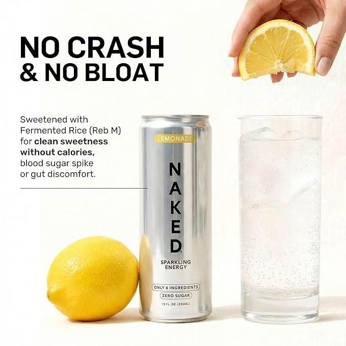 Naked Sparkling Energy Drink - Lemonade Organic Caffeine Organic Lemon Juice Zero Sugar No Sucralose Naturally Sweetened Clean Energy Drinks Vegan Gluten-Free Non-GMO - 12oz Cans (Pack of 12)