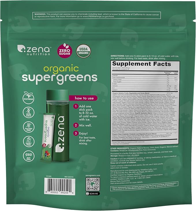 Zena Nutrition Organic Super Greens Powder 70+ Superfoods 0 Sugar 3g Fiber Spirulina Chlorella Mushrooms Prebiotics/Probiotics Digestive Enzymes Gut Health Mixed Berry 30 Drink Mix Packets