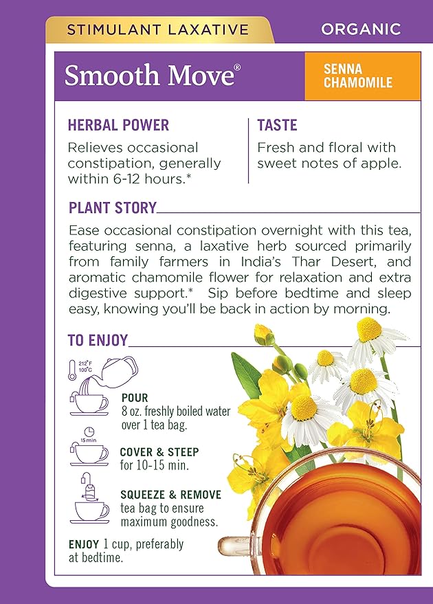 Traditional Medicinals Organic Smooth Move Senna Chamomile Herbal Tea Relieves Occasional Constipation (Pack of 3) - 48 Tea Bags Total
