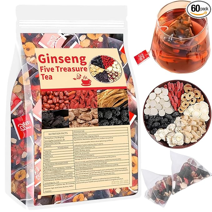 Ginseng Six Treasure Tea for Kidney Cleanse 6 Precious Ingredients Formula Five Treasure Tea for Men &amp Women Natural Traditional Chinese Herbal TeaBag (60 bags)