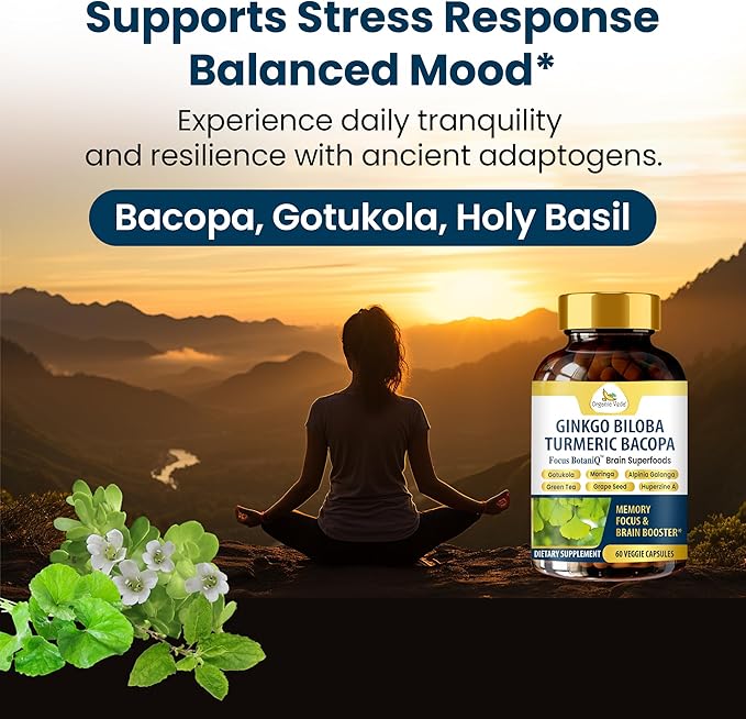 Organic Veda Ginkgo Biloba Turmeric Bacopa Capsules - FocusBotaniQ Memory &amp Brain Supplement - 10 in 1 Cognitive Superfoods Brain Booster Concentration Energy &amp Focus Support - 60 Vegan Cap