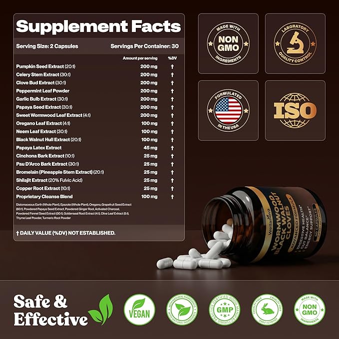 Wormwood Black Walnut Clove Cleanse for Humans - Advanced Detox Formula for Adults - Gut Health Supplement with Wormwood Herb Black Walnut Hull Extract &amp Clove - 60 Capsules