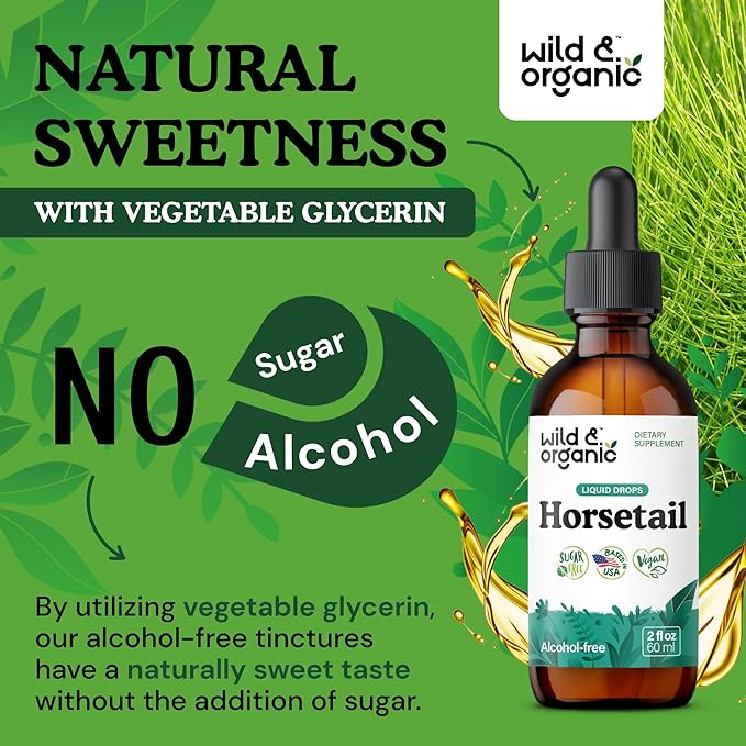 Wild &amp Organic Horsetail Extract Drops - Hair Skin Nails Support - Liquid Horsetail Supplement - Herb Powder Based Tincture - Vegan Sugar &amp Alcohol-Free - 2 fl oz
