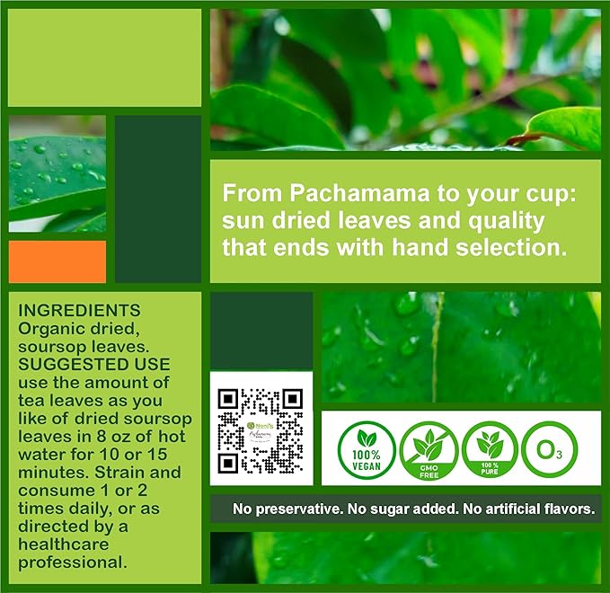 Frutos Pachamama | Organic Soursop Leaves Tea – 100% Pure Dried Guanabana Leaf Sun-Dried &amp Hand-Selected for Freshness | Supports Immunity Relaxation &amp Digestion | 3 oz (85 g)