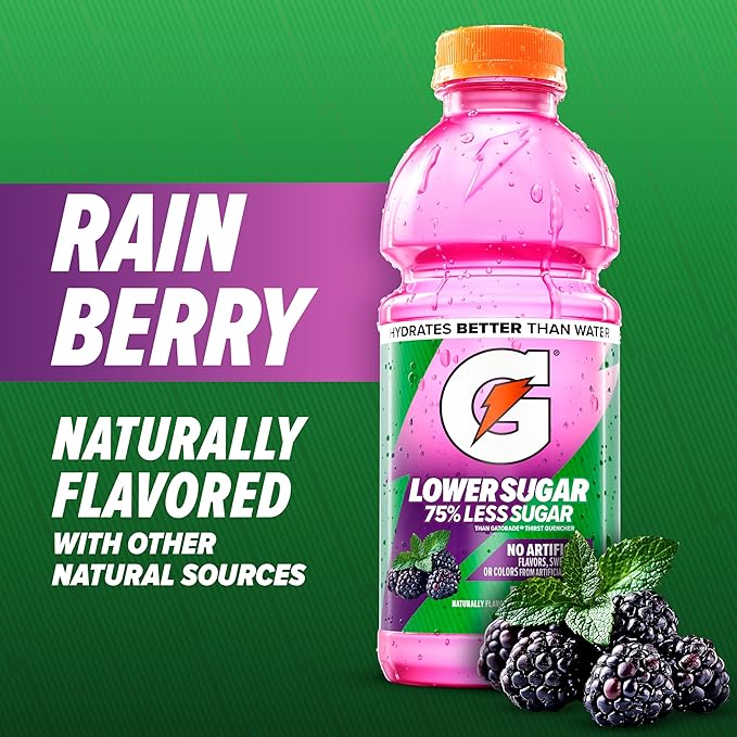 Gatorade Lower Sugar Electrolyte Sports Drink Rain Berry 12 fl oz Bottles (6 Pack) 75% Less Sugar No Artificial Flavors No Artificial Sweeteners No Artificial Colors Hydration