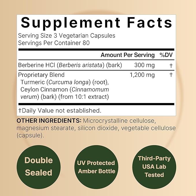 NatureBell Berberine Supplement 1500mg with Ceylon Cinnamon &amp Turmeric Root 240 Veggie Capsules | 97% Pure Berberine HCL | Supports Balanced Sugar Levels &amp Heart Health | Vegan Non-GMO