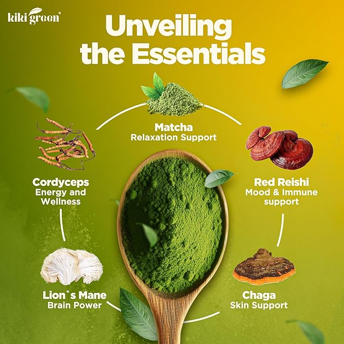 KIKI Green Mushroom Matcha Super Blend - Matcha Powder with Lion's Mane Chaga Reishi Cordyceps - Mushroom Coffee Alternative for Energy Focus Immunity - 8 oz 40 Servings