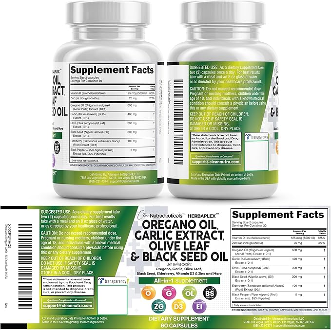 Clean Nutraceuticals Oregano Oil Garlic Extract Olive Leaf Black Seed Oil - Immune Support &amp Digestive Health Supplement for Women and Men with Vitamin D3 &amp Zinc - 2Pack