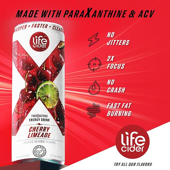Life Cider X Cherry Limeade Apple Cider Vinegar Healthy Energy Drink 12 Pack Organic Energy Drink Made with ACV and Paraxanthine Natural Flavors No Jitters No Crash
