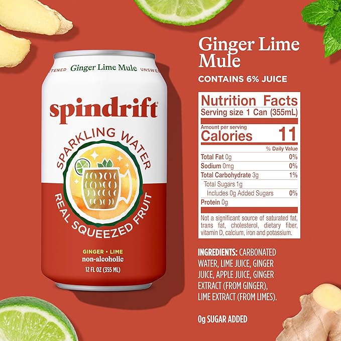 Spindrift Sparkling Water Ginger Lime Mule Flavored Made with Real Squeezed Fruit 12 Fl Oz Cans Pack of 24 (Only 11 Calories per Can)