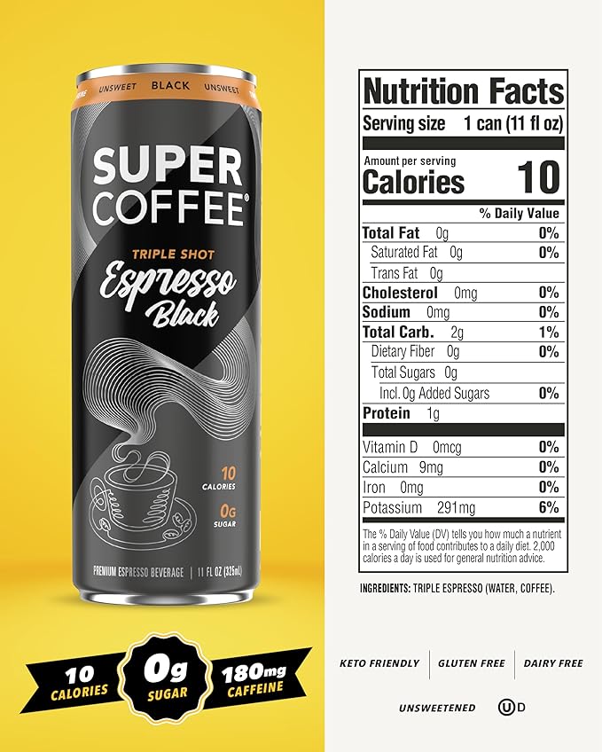 SUPER COFFEE Espresso Iced Keto Coffee (0g Added Sugar 10 Calories) [Triple Shot Black] 11 Fl Oz 12 Pack | Cold Brew Smart Coffee Drinks - SoyFree GlutenFree