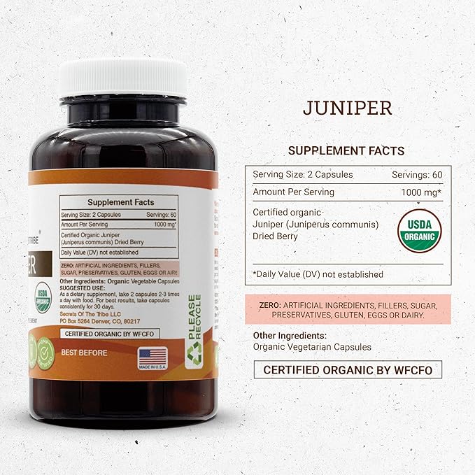 Secrets of the Tribe Juniper 120 Capsules 1000 mg USDA Organic Juniper (Juniperus communis) Dried Berry (120 Capsules)