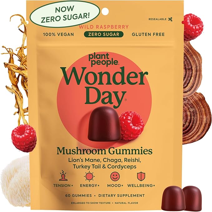 Plant People WonderDay Mushroom Gummies - Lion’s Mane Cordyceps Chaga Mushroom Supplement to Support Immune System De-Stress Boost Mood &amp Energy in Adults Natural Vegan Non-GMO (60 Count)