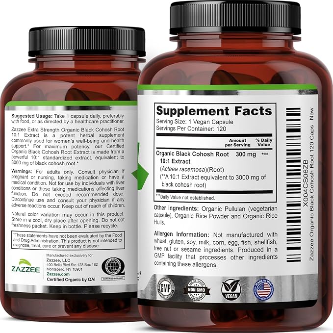 Zazzee USDA Organic Black Cohosh 10:1 Extract 120 Vegan Capsules 4 Month Supply Actaea Racemosa Women’s Health &amp Hormonal Balance Support All-Natural Non-GMO Made in the USA