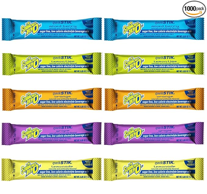 1000-Pack Electrolyte Powder Packets by Sqwiincher ZERO Qwiik Stik- Sugar-Free Drink Mix Assorted Flavors 1000-Pack - Hydration Packets with Multi-Flavor